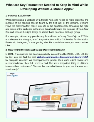 website and mobile app development parameters