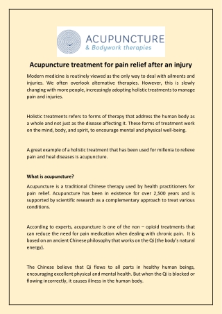 Acupuncture treatment for pain relief after an injury