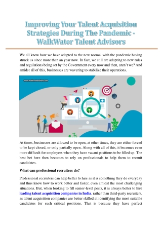 Improving Your Talent Acquisition Strategies During The Pandemic - WalkWater Talent Advisors