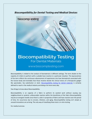 Biocompatibility for Dental Testing and Medical Devices
