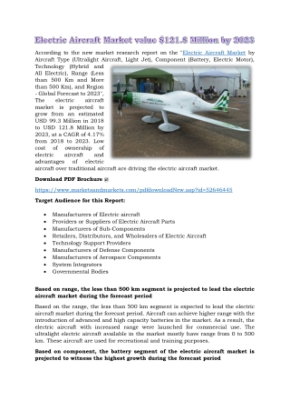 Electric Aircraft Market value $121.8 Million by 2023