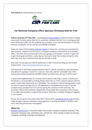 Car Removal Company offers Spacious Driveway deal for Free