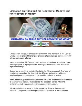 Limitation on Filing Suit for Recovery of Money | Suit for Recovery of Money