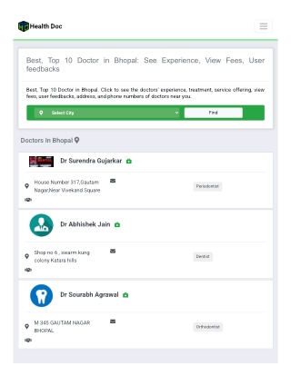 Best, Top 10 Doctor in Bhopal- See Experience, View Fees, User feedbacks