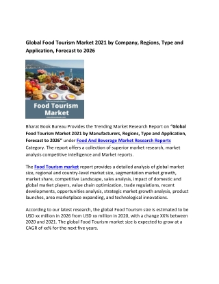 Global Food Tourism Market 2021 Research Report 2026