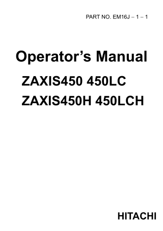 HITACHI ZAXIS 450LCH EXCAVATOR Operator manual