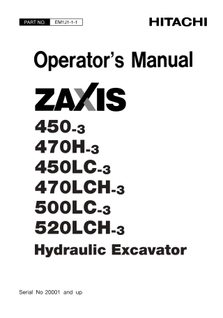 HITACHI ZAXIS 470LCH-3 EXCAVATOR Operator manual (Serial No.  20001 and up)