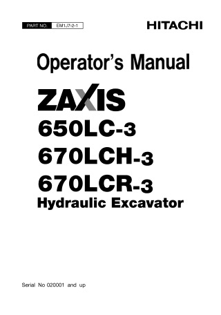HITACHI ZAXIS 650LC-3 EXCAVATOR Operator manual