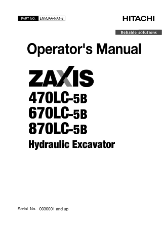 HITACHI ZAXIS 670LC-5B HYDRAULIC EXCAVATOR Operator manual