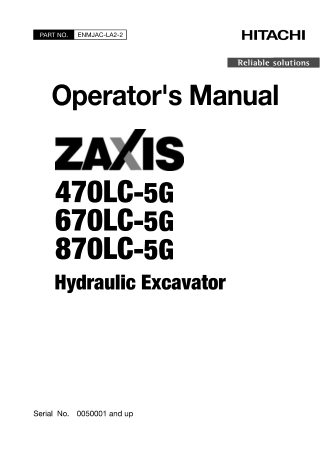 HITACHI ZAXIS 670LC-5G HYDRAULIC EXCAVATOR Operator manual