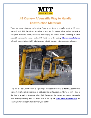 JIB Crane- A Versatile Way to Handle Construction Materials