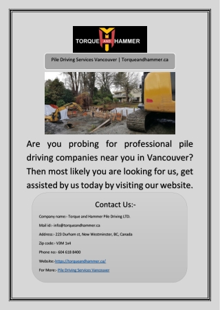 Pile Driving Services Vancouver | Torqueandhammer.ca