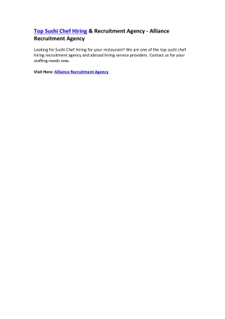 Top Sushi Chef Hiring & Recruitment Agency - Alliance Recruitment Agency