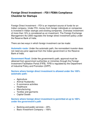 Foreign Direct Investment – FDI I FEMA Compliance Checklist for Startups
