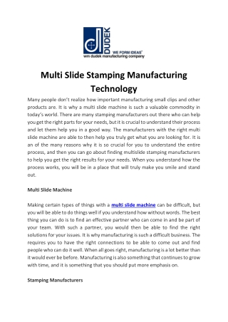 Multi Slide Stamping Manufacturing Technology