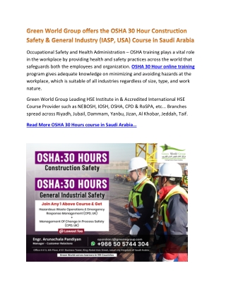 Green World Group offers the OSHA 30 Hour Construction Safety & General Industry (IASP, USA) Course in Saudi Arabia