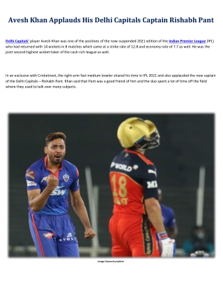 Avesh Khan Applauds His Delhi Capitals Captain Rishabh Pant