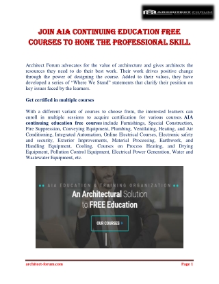 Join AIA Continuing education free courses to hone the professional skill
