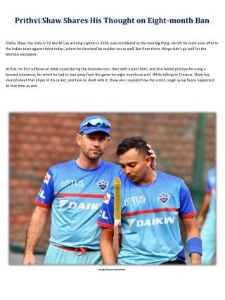 Prithvi Shaw Shares His Thought on Eight-month Ban