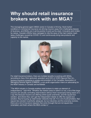 Why should retail insurance brokers work with an MGA- CHES Special Risk