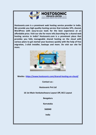 Fully Managed Shared Hosting on Cloud India Hostosonic.com