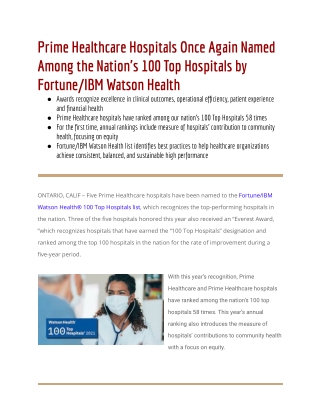 Prime Healthcare Hospitals Named Nation's 100 Top Hospitals