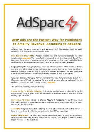 AMP Ads are the Fastest Way for Publishers to Amplify Revenue According to AdSparc