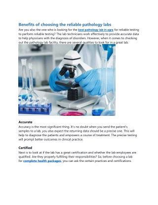 Benefits of choosing the reliable pathology labs