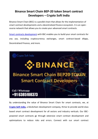 Binance Smart Chain BEP-20 token Smart contract Developers - Crypto Soft India