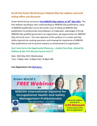 Enroll into Green World Group’s Nebosh IDip free webinar and avail exiting offers and discounts