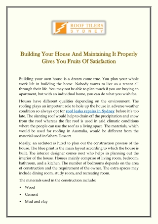 Building Your House And Maintaining It Properly Gives You Fruits Of Satisfaction