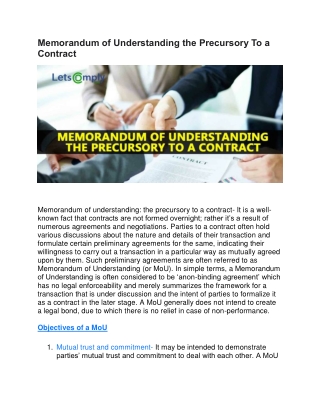 Memorandum of Understanding the Precursory To a Contract