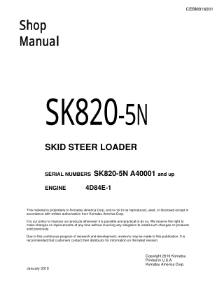 Komatsu SK820-5N Skid Steer Loader Service Repair Manual (SN A40001 and up)