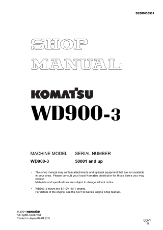 Komatsu WD900-3 Wheel Dozer Service Repair Manual (SN 50001 and up)