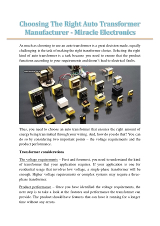 Choosing The Right Auto Transformer Manufacturer - Miracle Electronics