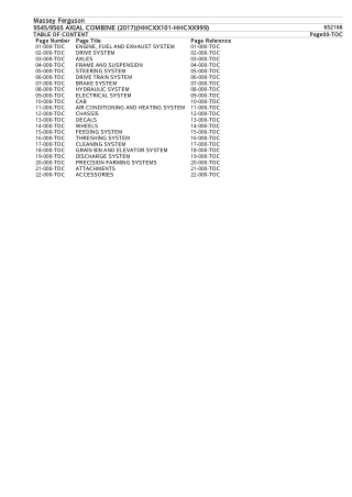 Massey Ferguson 9545  9565 AXIAL COMBINE (2017)(HHCXX101-HHCXX999) Parts Catalogue Manual