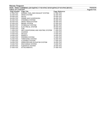 Massey Ferguson 9545  9565 COMBINE (2015)(FHC17101FHC18101)(FHC37101FHC38101) Parts Catalogue Manual