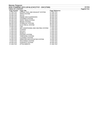 Massey Ferguson 9550 COMBINE (2012-2014) (CHC27101 - EHC27500) Parts Catalogue Manual