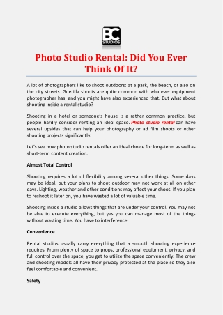 Photo Studio Rental: Did You Ever Think Of It?