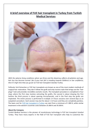 A brief overview of FUE hair transplant in Turkey from Turkish Medical Services