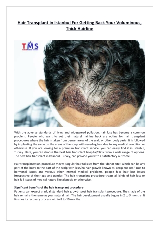 Hair Transplant in Istanbul For Getting Back Your Voluminous, Thick Hairline