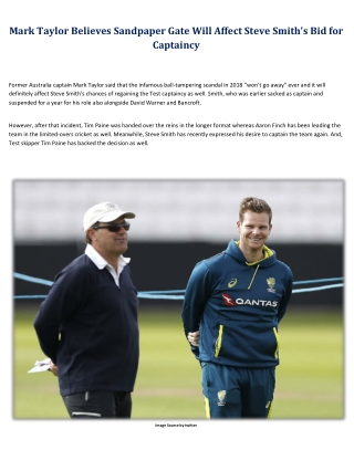 Mark Taylor Believes Sandpaper Gate Will Affect Steve Smith's Bid for Captaincy