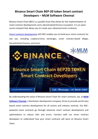 Binance Smart Chain BEP-20 token Smart contract Developers - MLM Software Chennai