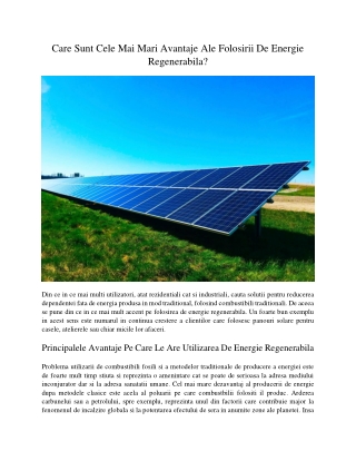 Care Sunt Cele Mai Mari Avantaje Ale Folosirii De Energie Regenerabila?