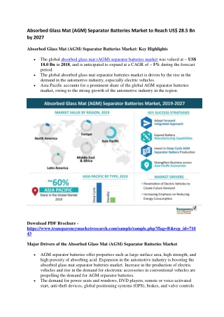 Absorbed Glass Mat (AGM) Separator Batteries Market to Reach US$ 28.5 Bn by 2027