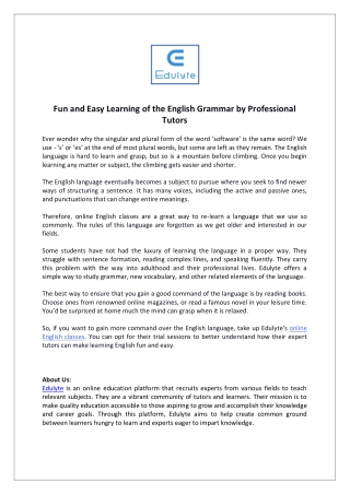 Fun and Easy Learning of the English Grammar by Professional Tutors