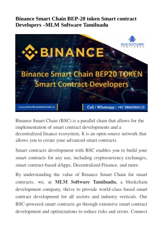 Binance Smart Chain BEP-20 token Smart contract Developers - MLM Software Tamilnadu