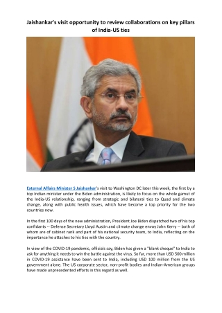 Jaishankar's visit opportunity to review collaborations on key pillars of India-US ties