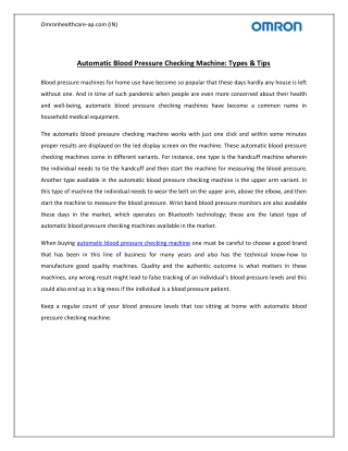 Automatic Blood Pressure Checking Machine Types & Tips