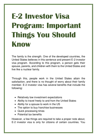 E-2 Investor Visa Program Important Things You Should Know